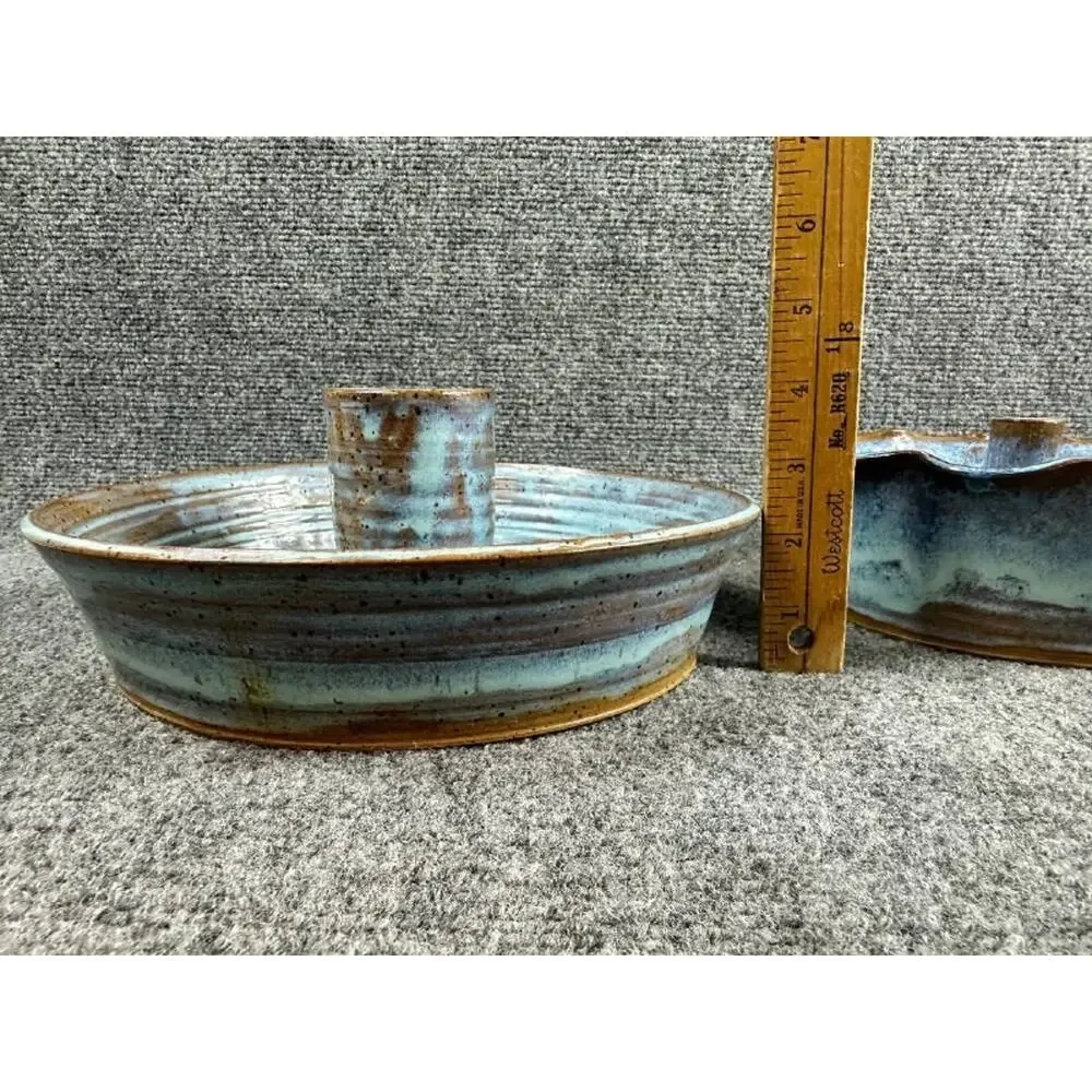Handmade Ceramic Cake Stand Pedestal Pie Dessert Plate Blue Glaze Set of 2